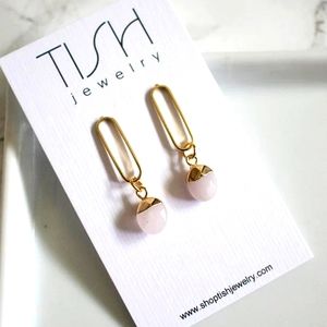 Tish SKYE dainty rose quartz charm suspends from gold oval stud earring